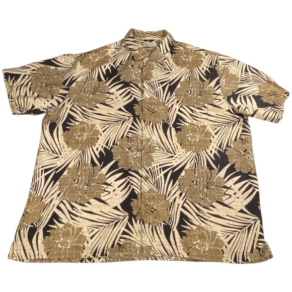 Caribbean Men's Floral Silk Shirt Black and Brown, L - Picture 3 of 9